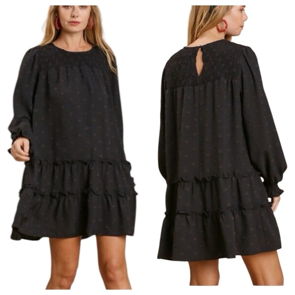 UMGEE Black Swiss Dot Mini Dress sz M Ruffles Balloon Sleeve Smocked Yoke #C3421 - Picture 1 of 10